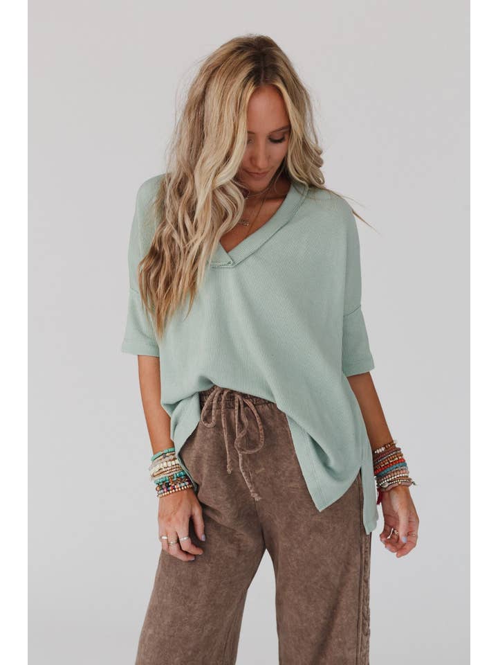 Three Bird Nest - Wholesale Knit Top - Women's - On The Go V Neck Ribbed Essential Tee - Sage