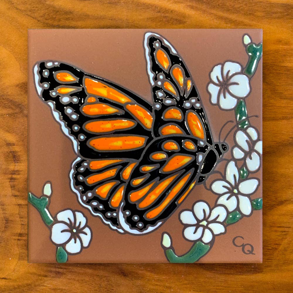 Carly Quinn Designs - Wholesale Wall Accent - Monarch with White Flowers Art Tile Trivet1