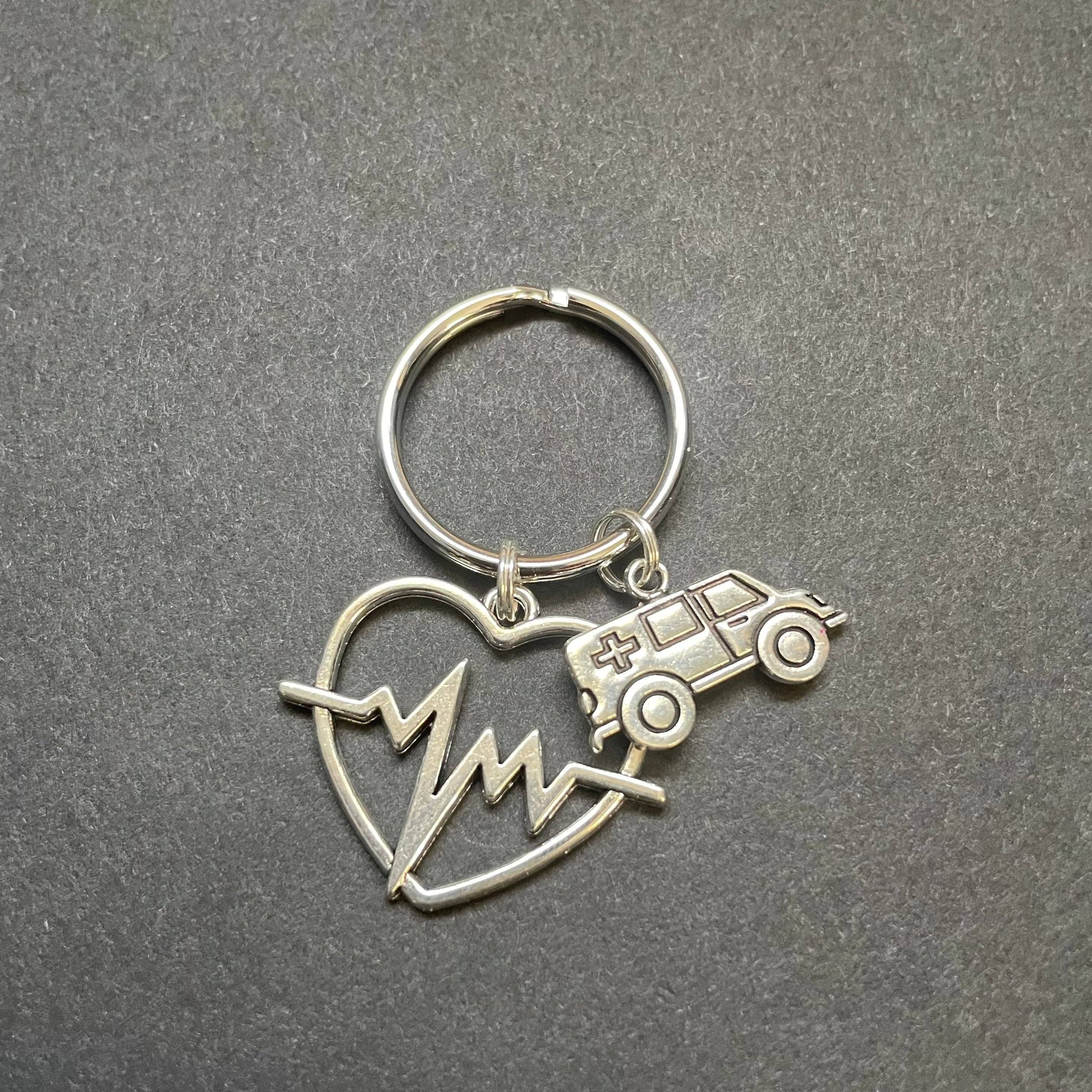 Alisha Goes Crafty - Wholesale Keychain - Unisex - Ambulance Charm & Heart W/ Heart Rhythm Key Chain, EMT4