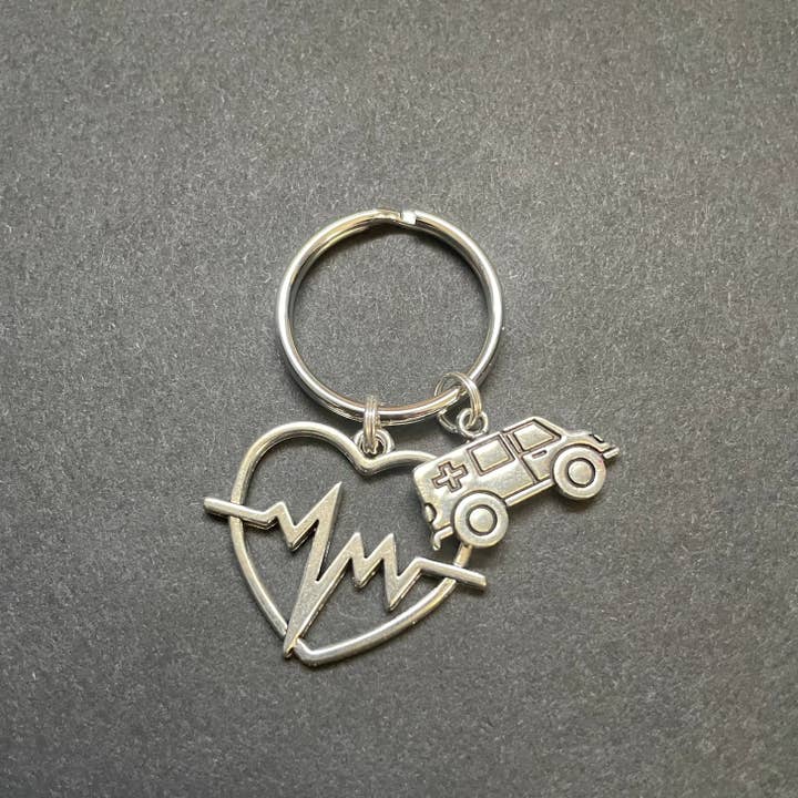 Alisha Goes Crafty - Wholesale Keychain - Unisex - Ambulance Charm & Heart W/ Heart Rhythm Key Chain, EMT4