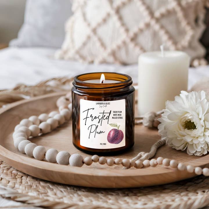 Frosted Plum- Soy Candle- 7oz Amber Glass for wholesale by Lavender & Lillies