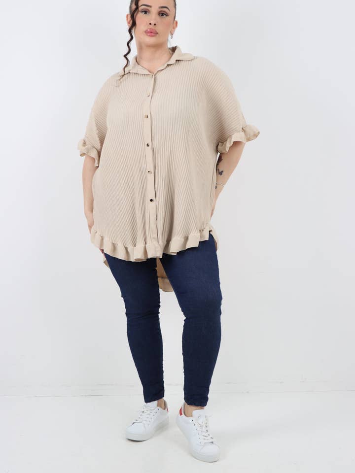 Miss Bold - Wholesale Button Down Shirt - Women's - Italian Pleated Dip Hem Button Down Shirt Top