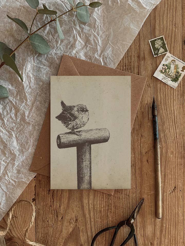 Little Wren Pen & Ink Vintage Finish Card for wholesale by Brooke Marie