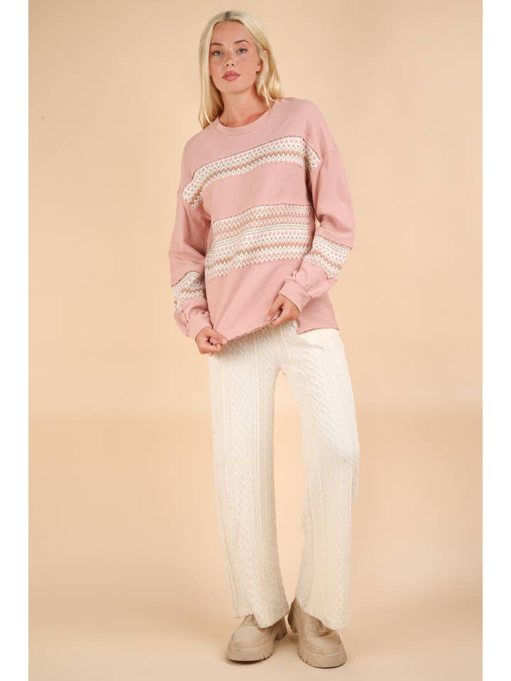 VERY J - Wholesale Knit Top - Women's - NT11784-Oversized Printed Knit Contrast Knit Top