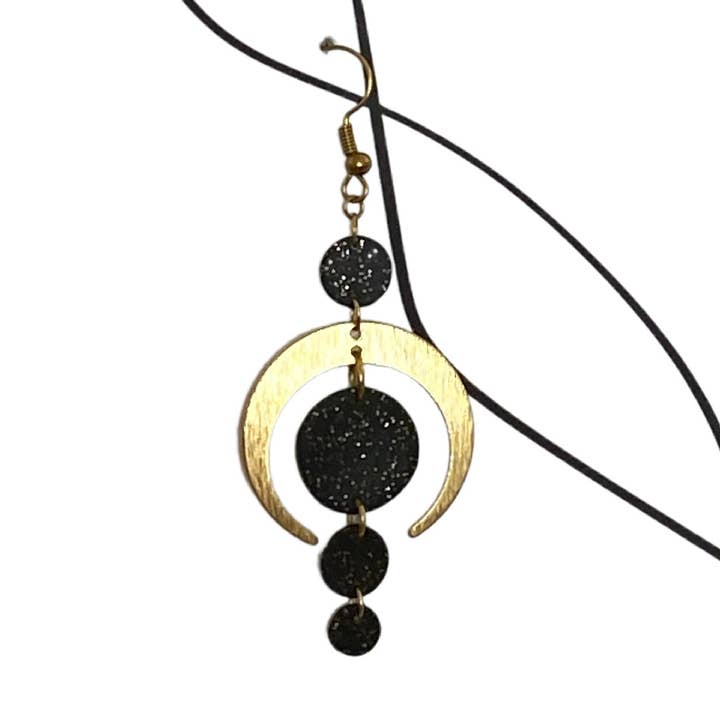 Black, Gold Speckle, and Brass Modern Moon Earrings for wholesale by Daydreams and Joy