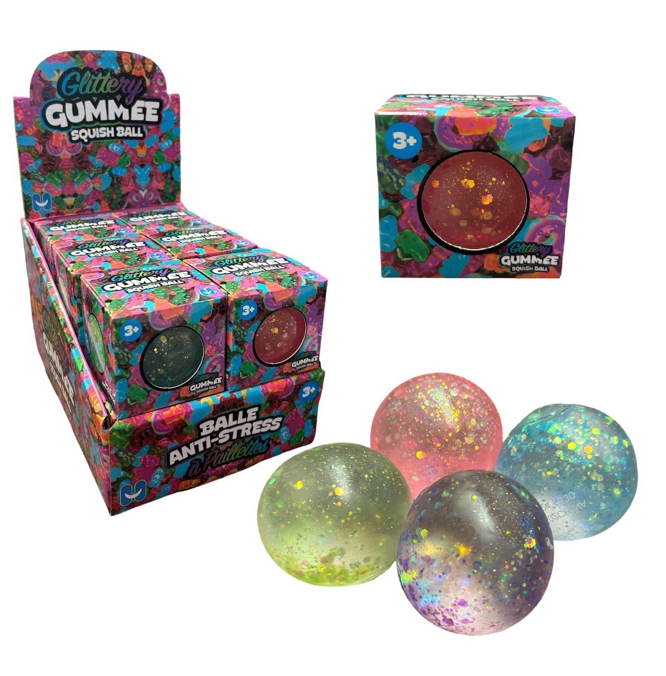Handee Products (HPC) - Vendita all'ingrosso Giocattolo squishy - Bambini e neonati - Palla da squish Gummee glitterata, colori assortiti