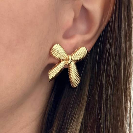 Ribbon (rib) Bow Stud Earrings- 14K Gold Steel for wholesale on Faire2