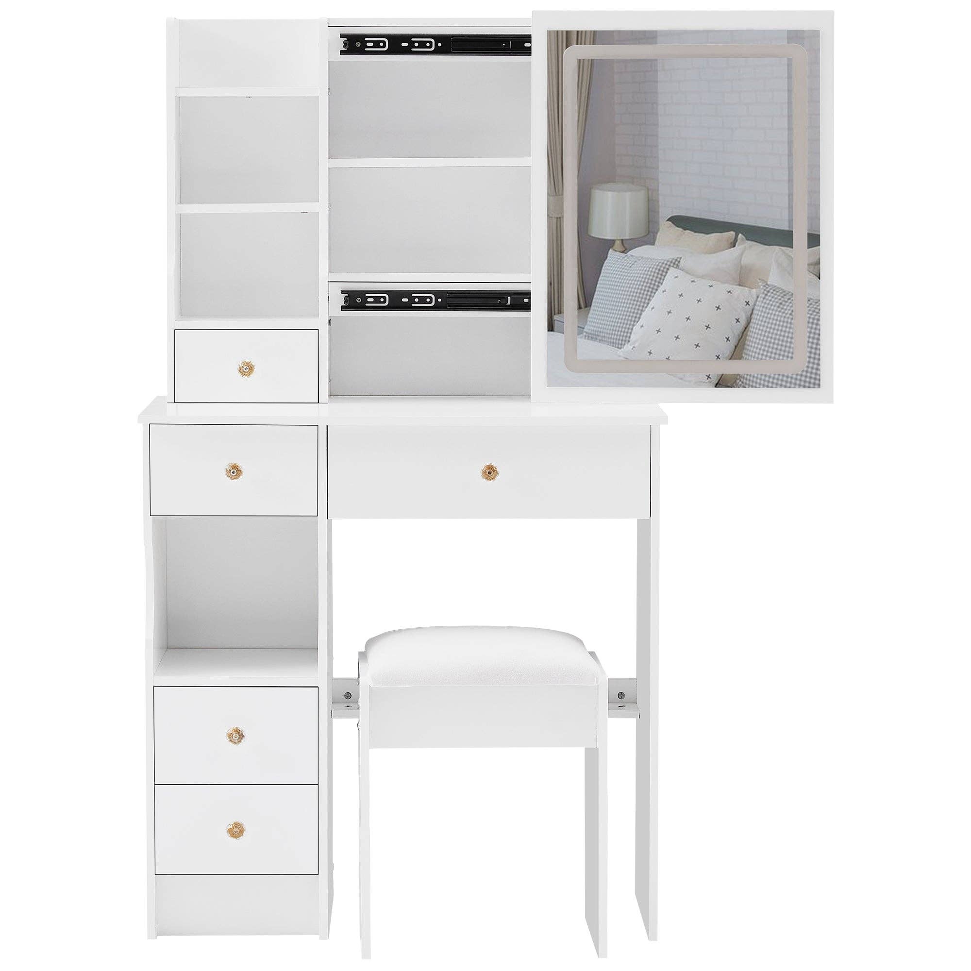 White Small Vanity Dressing Table with Padded Stool & Mirror Light for wholesale on Faire5