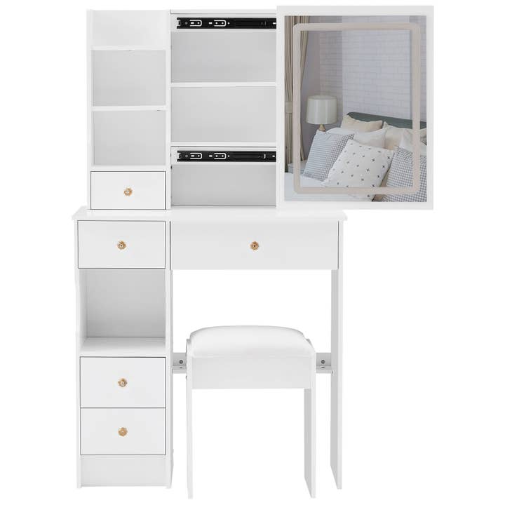 White Small Vanity Dressing Table with Padded Stool & Mirror Light for wholesale on Faire5