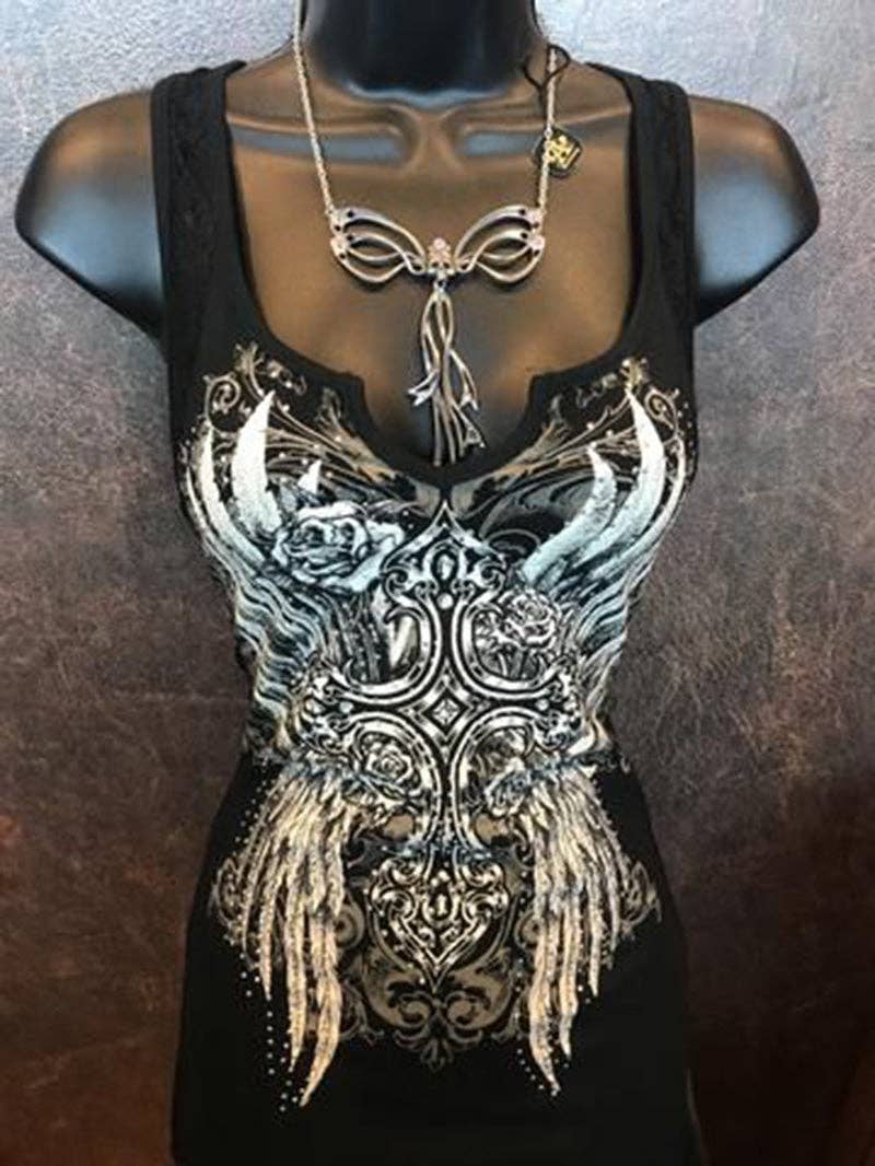 Black Cross Wings Print V-neck Sexy Punk Vest for wholesale on Faire0
