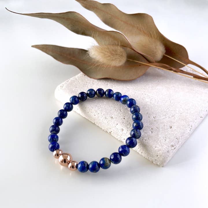 Trinity Bracelet with Lapis Lazuli & 14k Rose Gold for wholesale by Ann Saint James