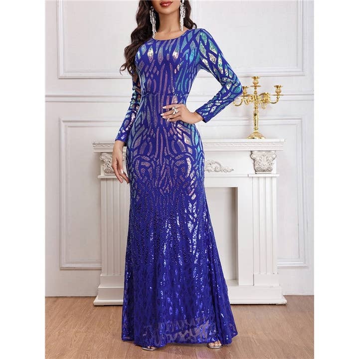 BLAU Einfarbiges, langärmliges Maxikleid mit Rundhalsausschnitt und Pailletten für Damen für den Großhandel auf Faire5