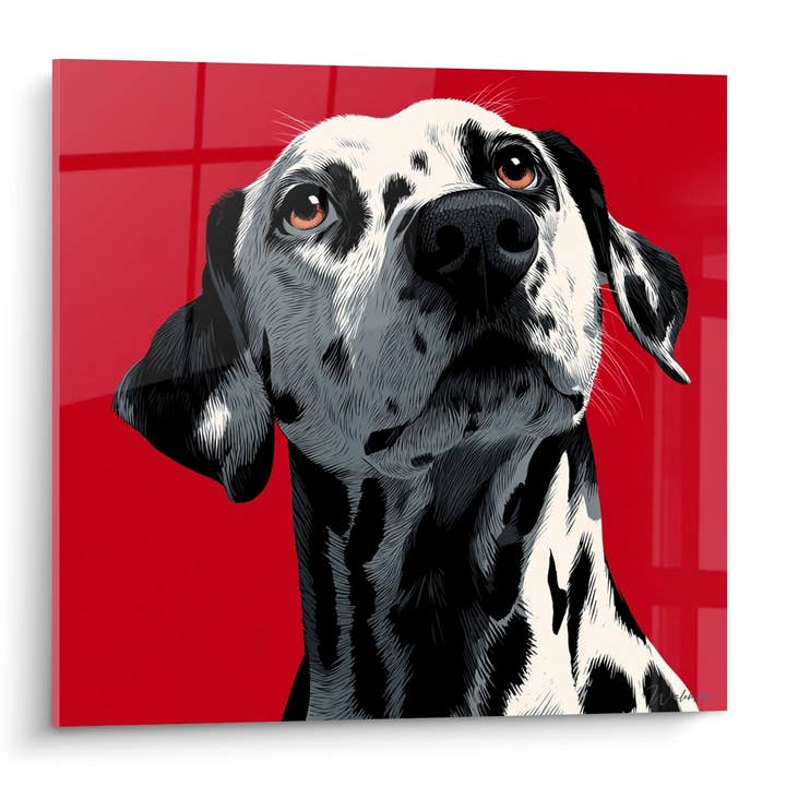 Tableau Chien Noir et Blanc aux Yeux Ambrés sur Fond Rouge - Portrait Tendre - Edition Dalmatien pour la vente par Walensky