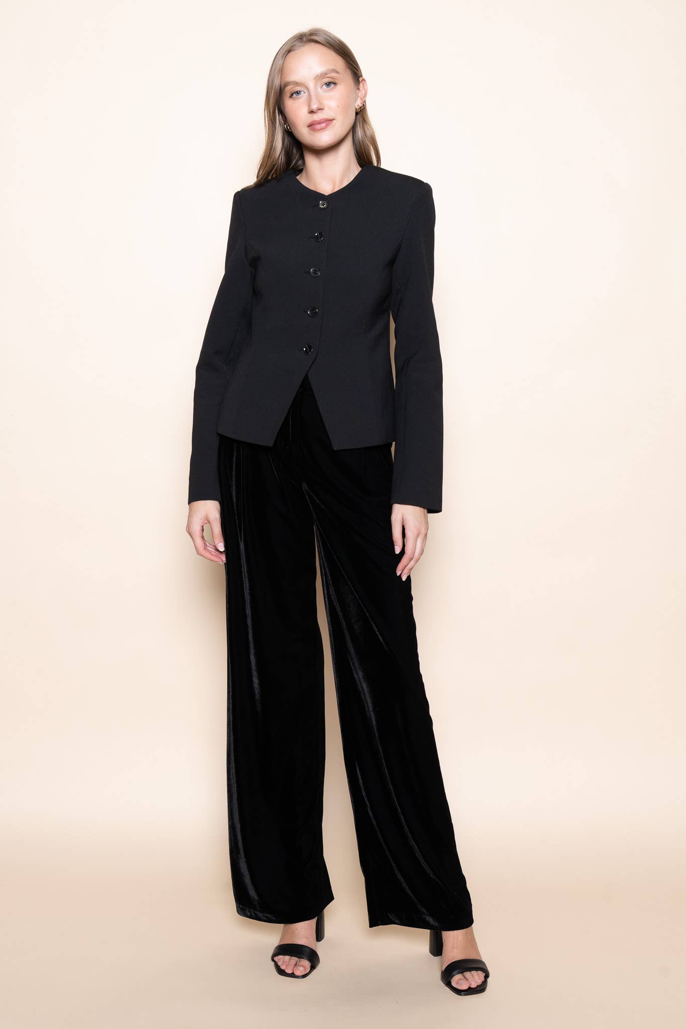 Black BASIC CHIC ROUND NECK BUTTON UP JACKET BLAZER-OI6695FO for wholesale on Faire7