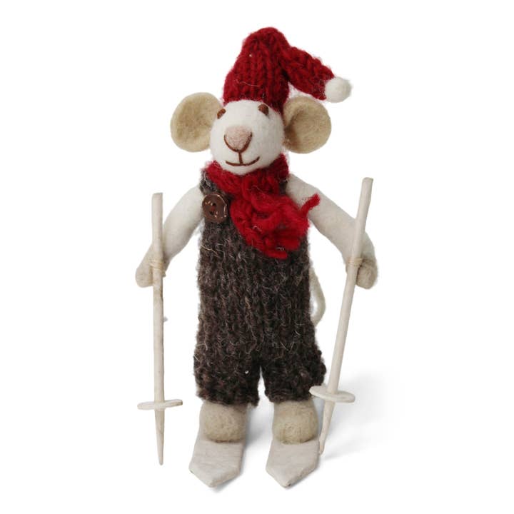 Gry and Sif - Wholesale Christmas Decoration - Small White Boy Mouse on Skis w/Brown Pants