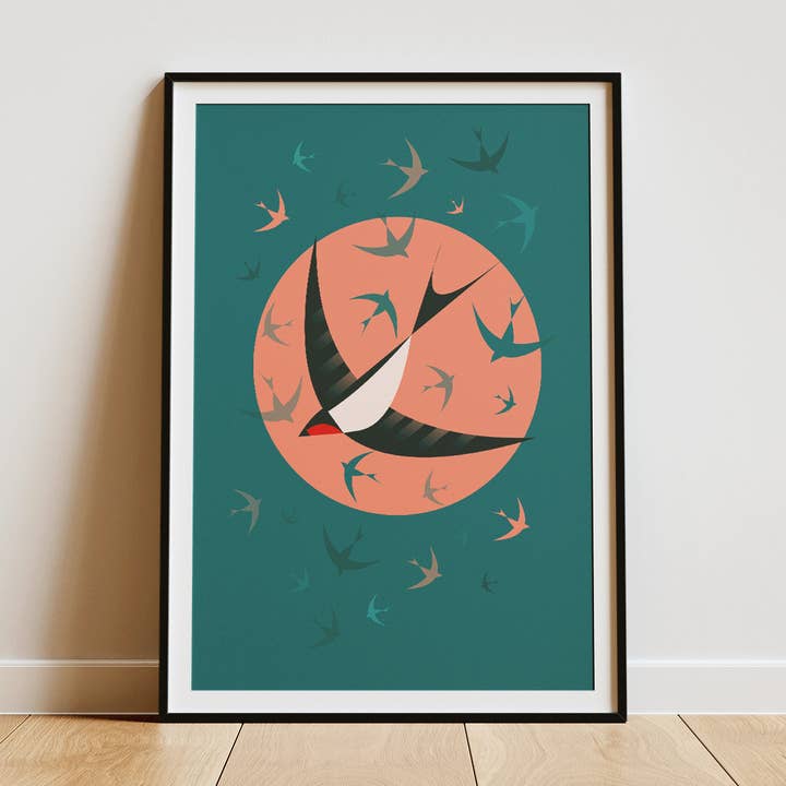 Swallows around the sun - Retro print for wholesale by Mr Watson Design