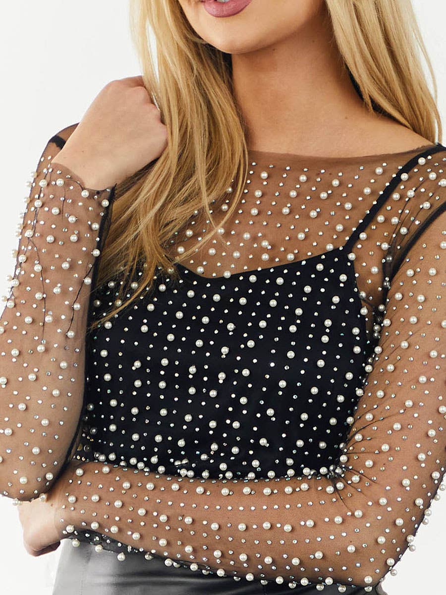 Rosa Clothing - Wholesale Blouse - Women's - pearl rhinestone sheer mesh see through top8