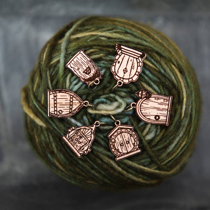 Cherry Wood Fairy & Gnome Door Stitch Markers Set of 6 for wholesale by Sunrise Grove