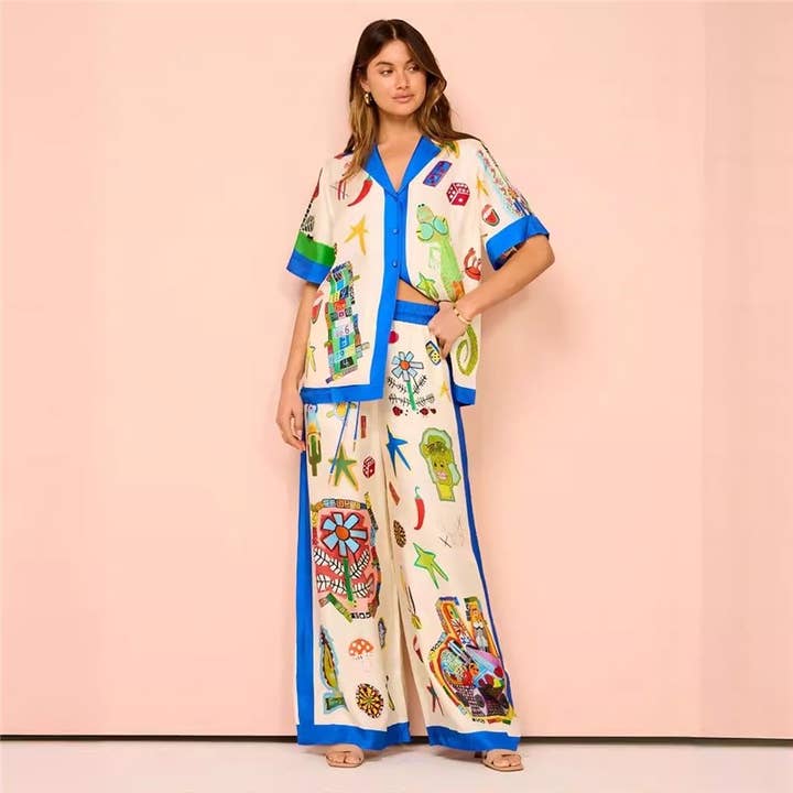 Printed Short Sleeve Cardigan Pants Set for wholesale by Sheer Trend