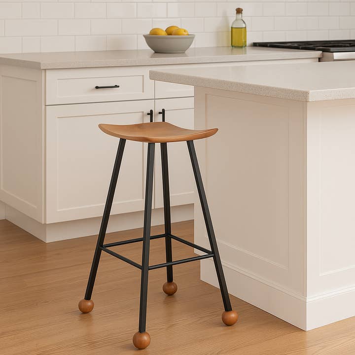 Wooden Stool – 75cm – Black Iron Box Profile Legs / STL-029 for wholesale by Wood Stone Art