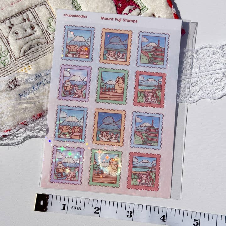 Chupadoodles - Wholesale Sticker - Japan Mount Fuji Stamps Sticker Sheet - Starry Finish