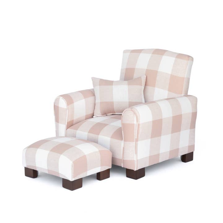 Blush Check Toddler Armchair with Footstool and Pillow for wholesale by The Rose Hill Company
