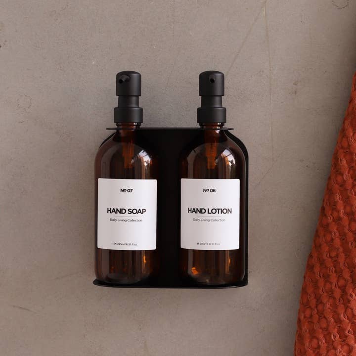 Sort holder med gule sæbedispensere (komplet sæt) for engroshandel hos Wideas Home