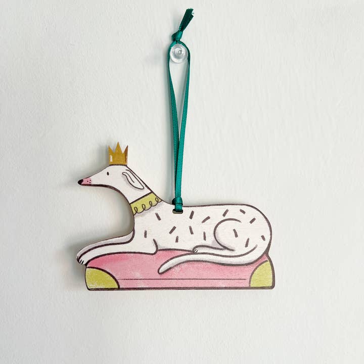 Lounging Hound, Printed Hanging Wooden Decoration for wholesale by Bryony Moss Illustration