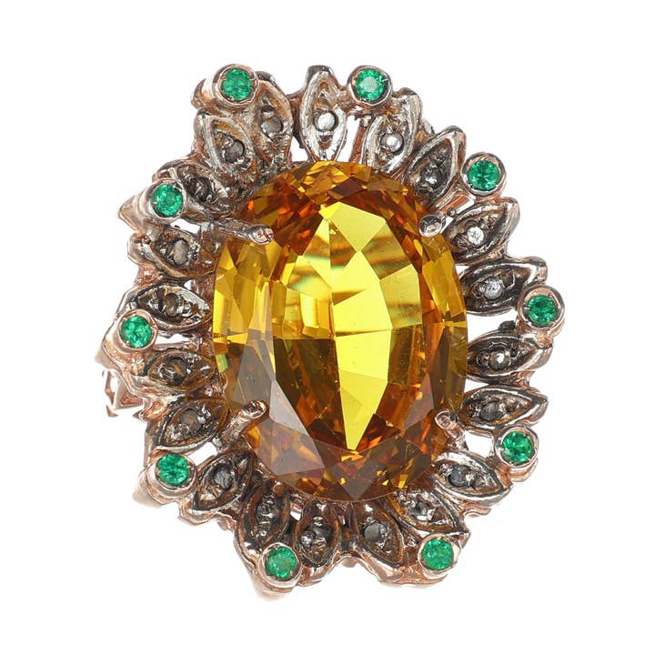 Antique Reproduction Ring with Yellow Topaz and Emeralds for wholesale by Gold Antique