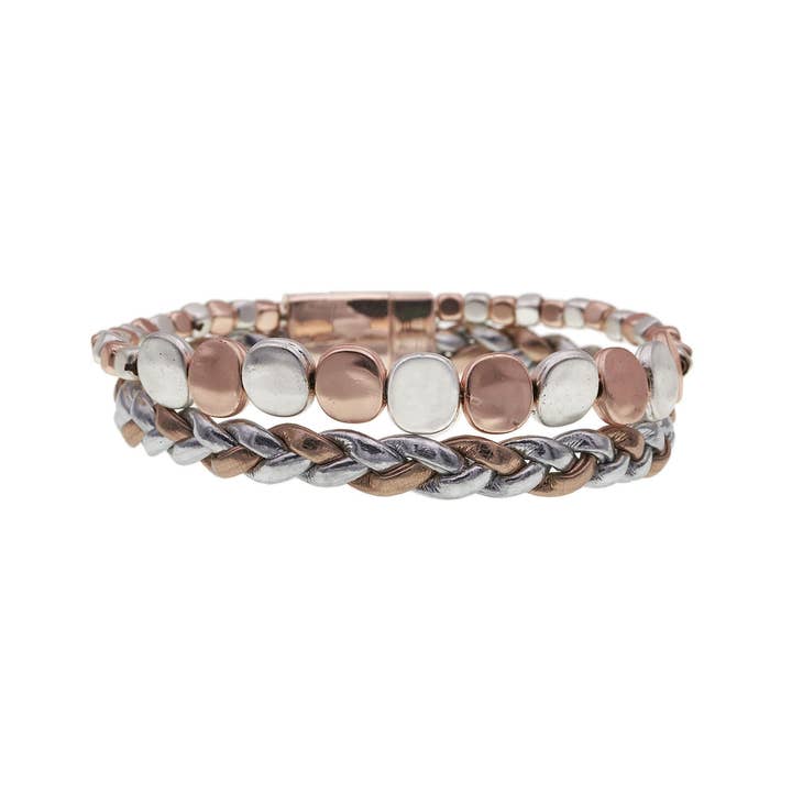 Bracelet en cuir 2 rangs avec perles tressées or rose argenté pour la vente par Accessorizit Inc.