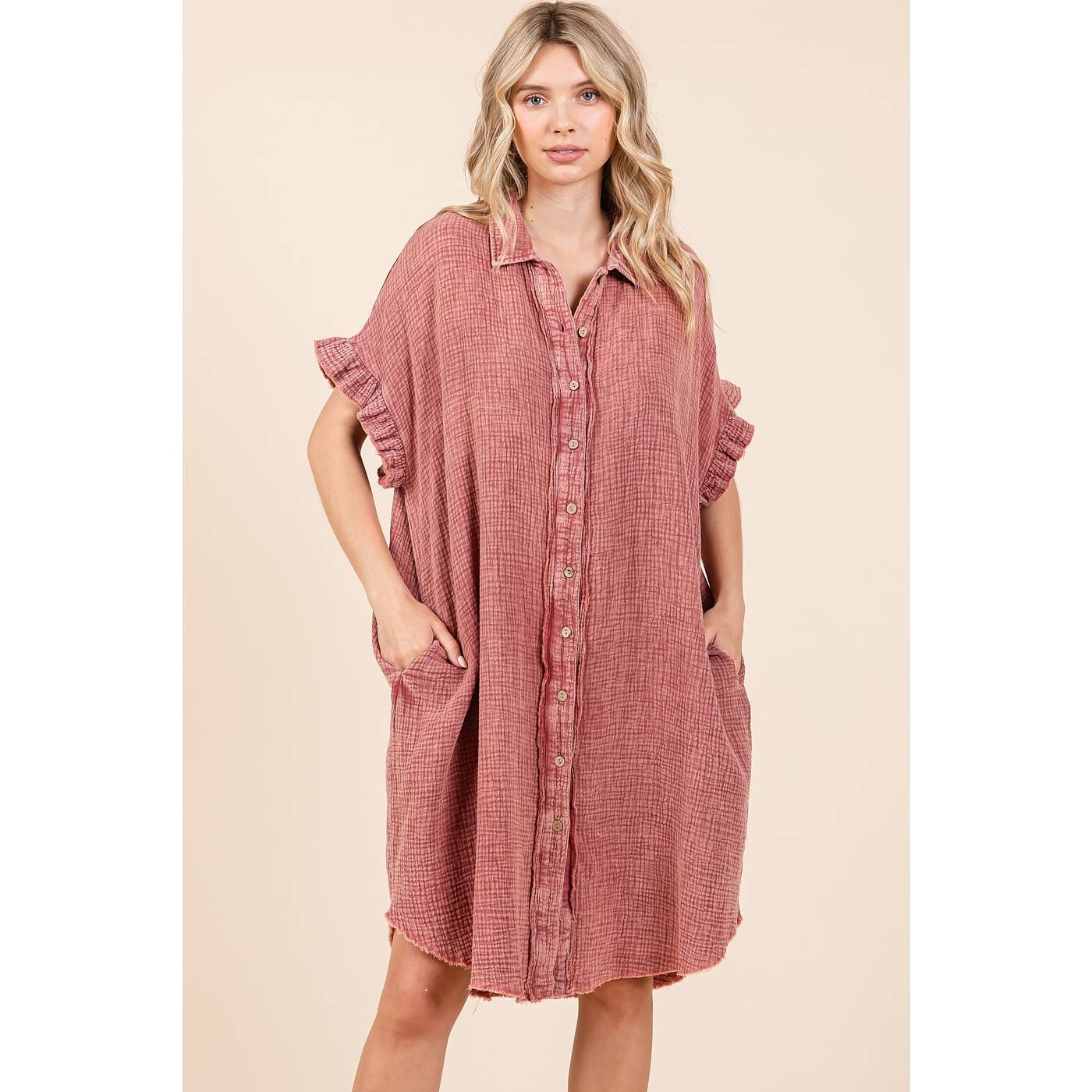 mittoshop – wholesale Dress – Women's – MINERAL WASH COTTON GAUZE MINI SHIRT DRESS1