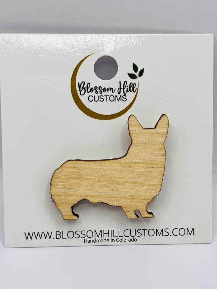 Spilla in legno Corgi per la vendita all'ingrosso da parte di Blossom Hill Customs