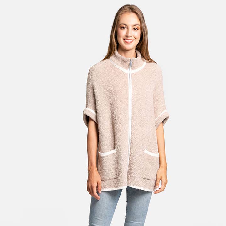 Fashion City - Wholesale Outerwear Poncho - Women's - Solid Zipper Jacket with Outlined Edges