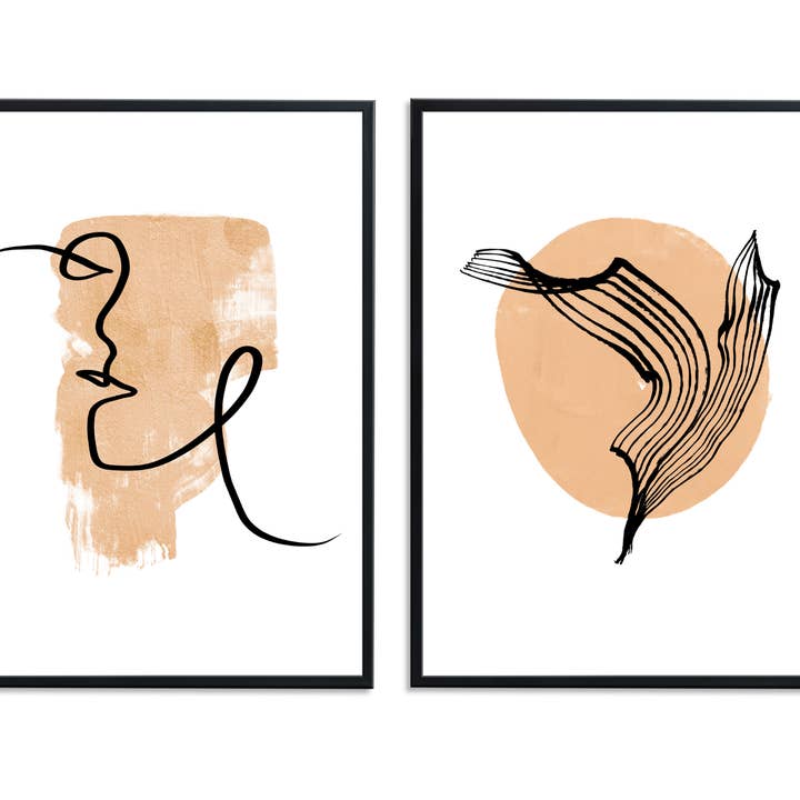 EK Print and Design - Venta al por mayor Conjunto de galería de pared - Set de 2 impresiones de arte abstracto de líneas neutras desnudas