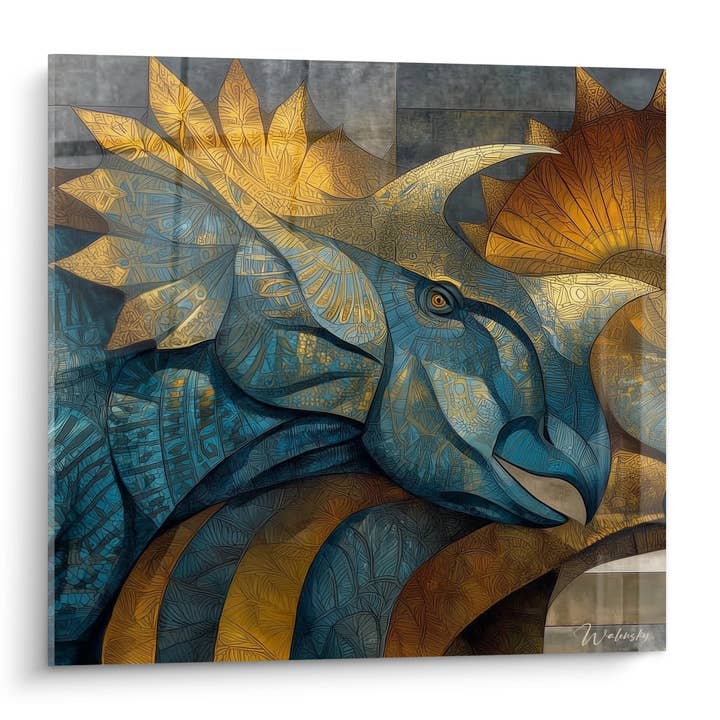 Tableau Triceratops Art Abstrait - Mosaïque Dorée - édition Dinosaure pour la vente par Walensky