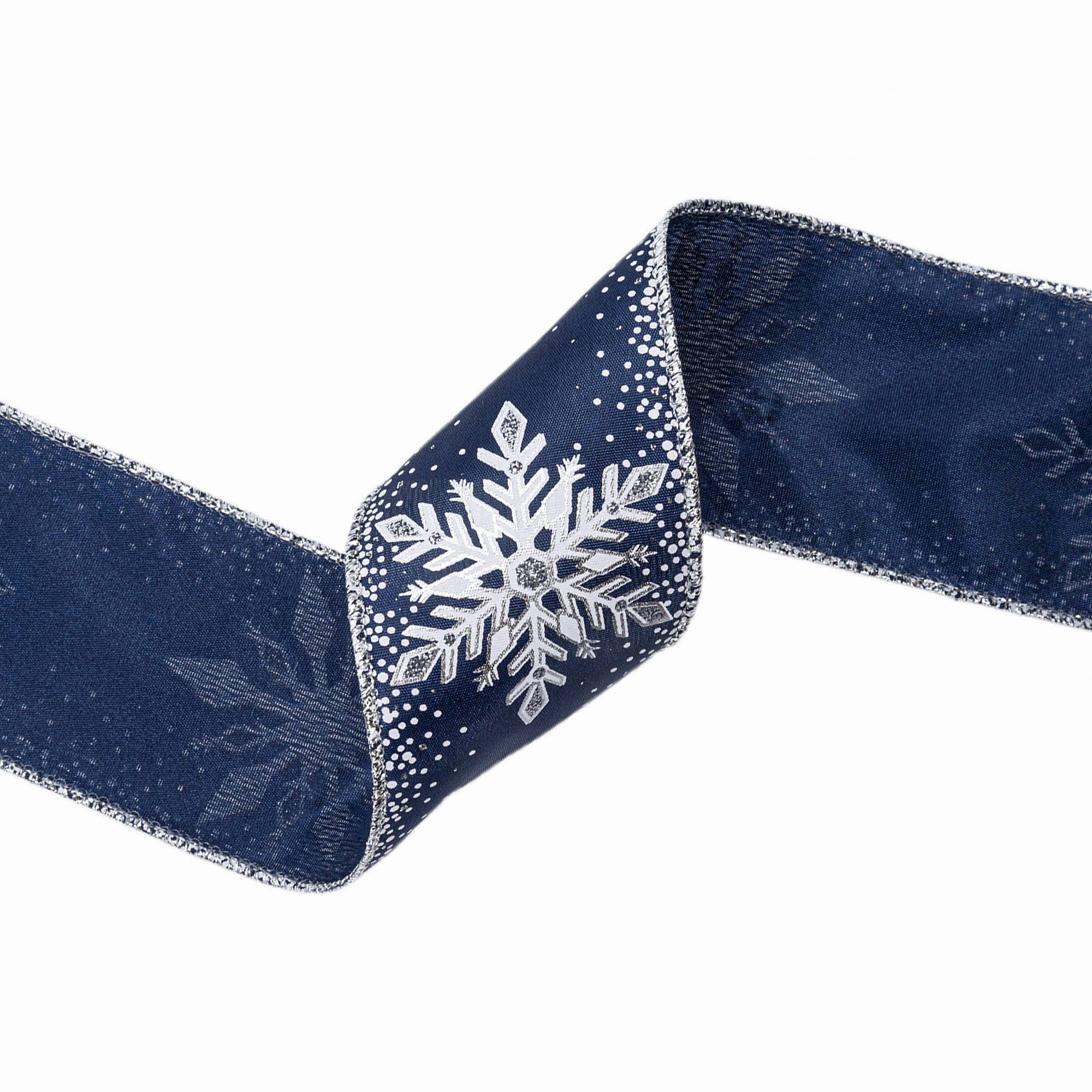 LA Ribbons Wholesale - Vendita all'ingrosso Nastri - Confezione regalo - Nastro cablato da 2 1/2" | "Fiocco di neve glitterato" Blu navy/Argento | Rotolo da 10 iarde3