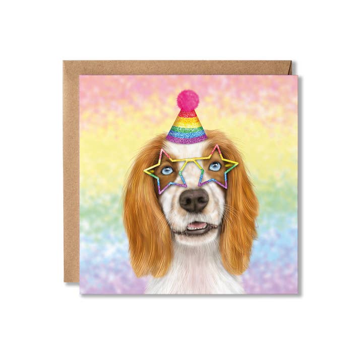 Tan Spaniel Dog in Sparkly Hat Rainbow Birthday Card for wholesale by Badgerbee Design