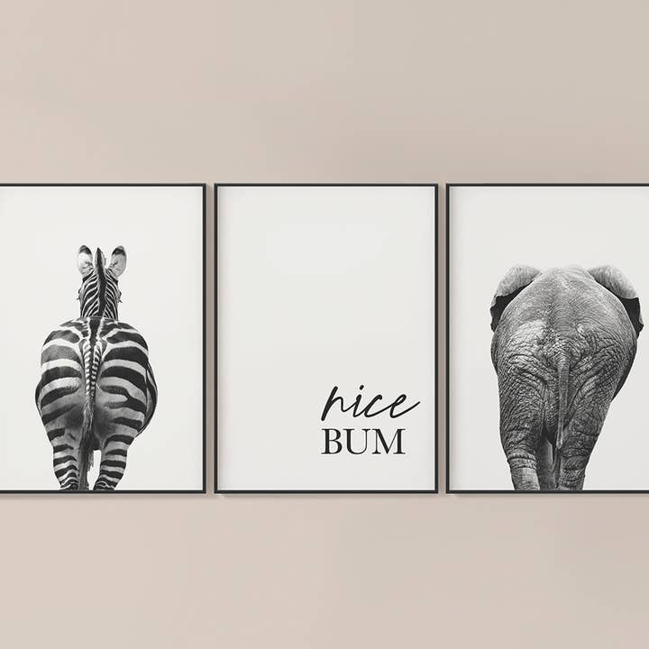 Animal Bums & Nice Bum - Juego de 3 estampados para baño para venta al por mayor de Moonshine Prints