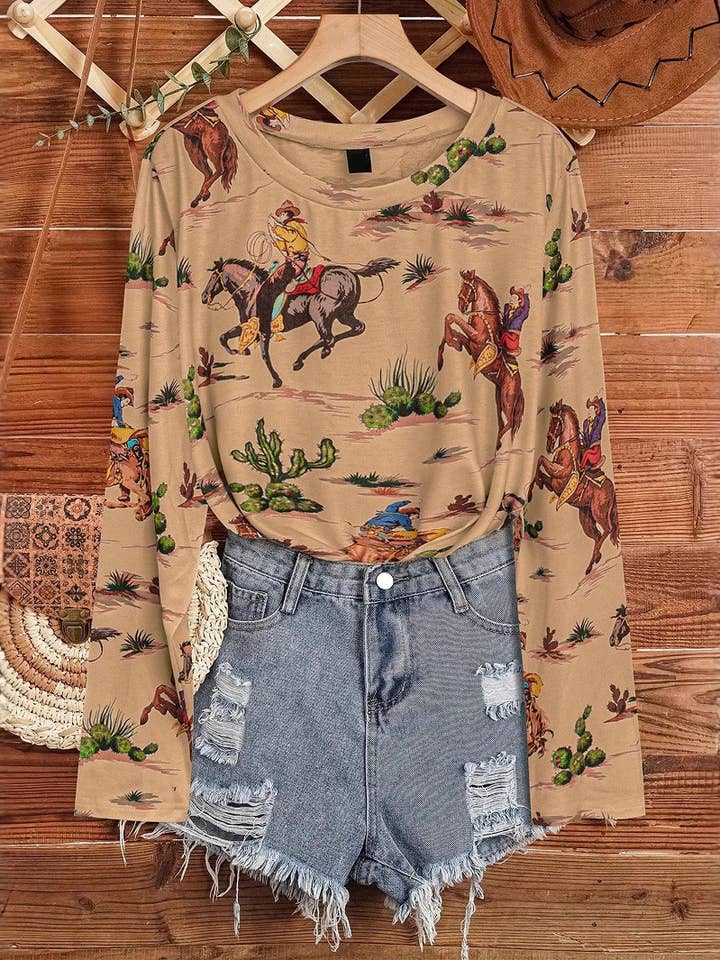 Wild Western Cowboy Rodeo print t-shirt long sleeve for wholesale by Rosa Clothing