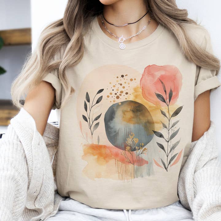 Par.tees by Party On! - Vendita all'ingrosso Maglietta serigrafata - Donna - Maglietta grafica floreale boho bohemien Fiore astratto moderno autunnale1