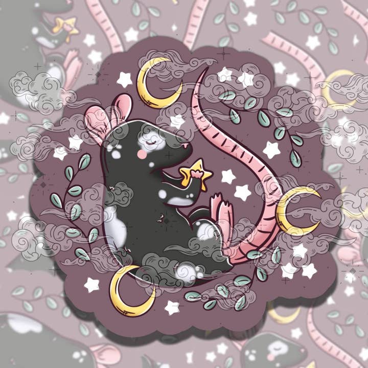 Sleeping Ratties Cute Colorful Witchy Vinyl Sticker for wholesale by Sticky Sadness Designs