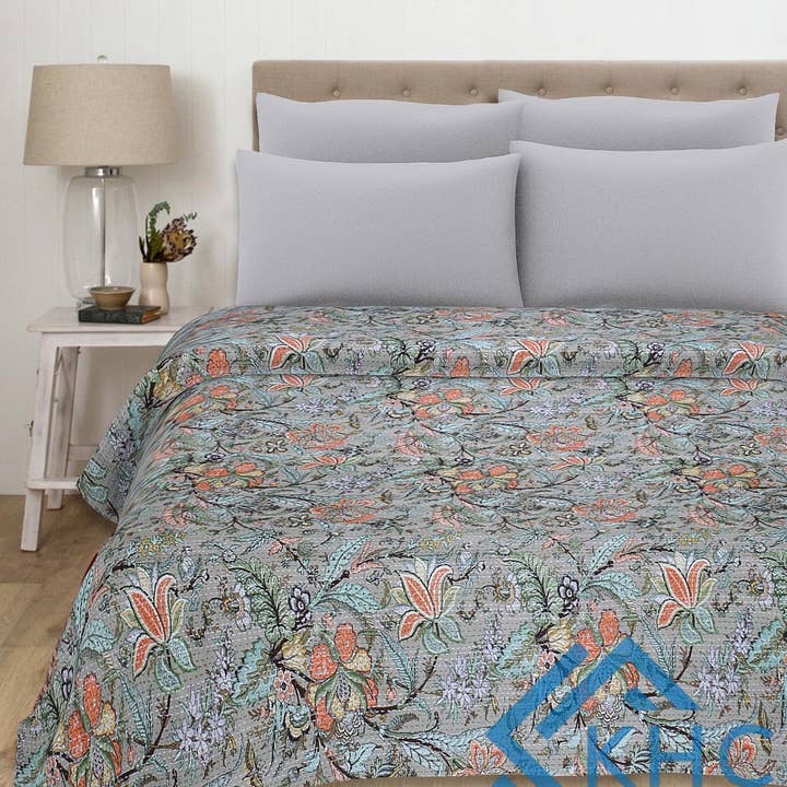 KHC – wholesale Täcke – Indisk handgjord kantha grå blommig quilt