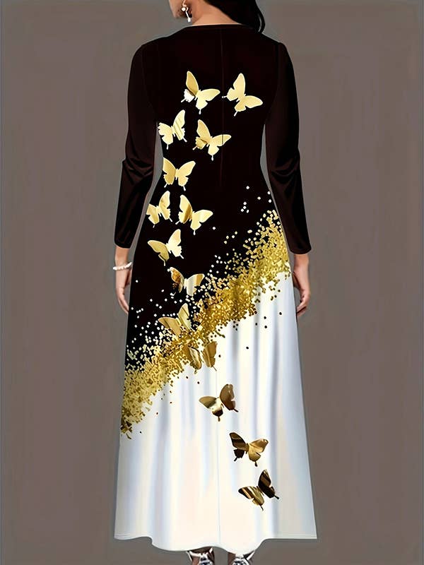 BLACK A-Line Long Sleeves Butterfly Print Pockets Round-Neck Maxi Dresses for wholesale on Faire2
