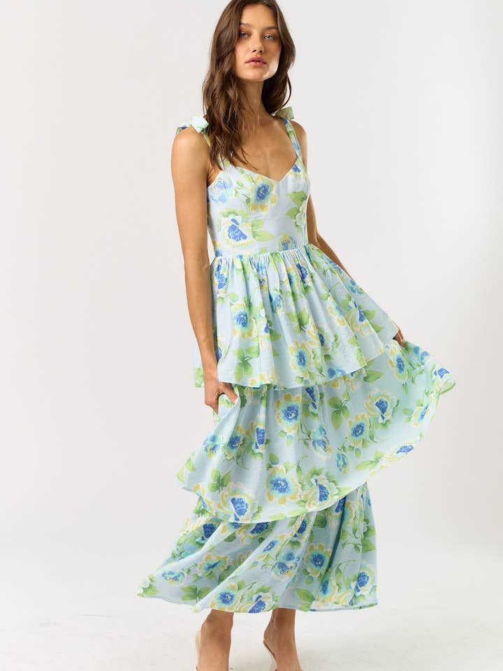 ILD5067 Floral Ribbon Shoulder Strap Tiered Maxi Dress for wholesale by Lalavon