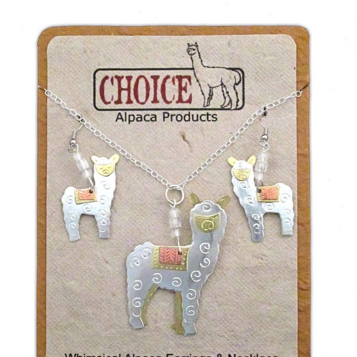 Whimsical Alpaca Necklace and Earrings for wholesale by Choice Alpaca Products