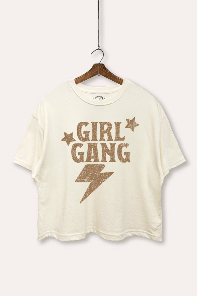 VINTAGE POINT USA - Vente T-shirt sérigraphié – femme - TOP COURT BOXY AVEC GRAPHISME ÉCLAIR "GIRL GANG"2