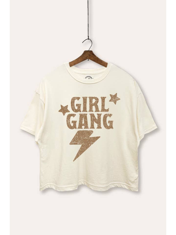 VINTAGE POINT USA - Vente T-shirt sérigraphié – femme - TOP COURT BOXY AVEC GRAPHISME ÉCLAIR "GIRL GANG"2