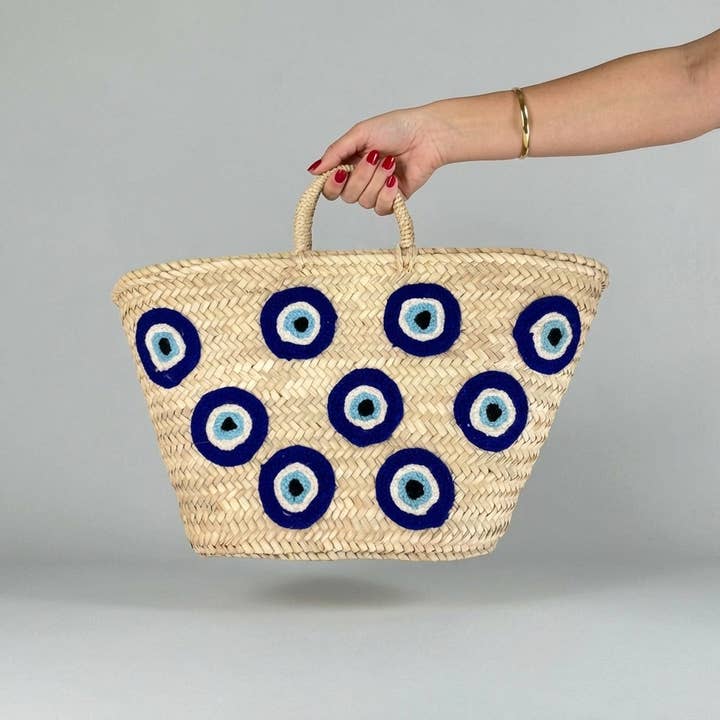 Panier de marché en paille tressée - Cabas brodé avec œil bleu porte-bonheur pour la vente par Melecraft