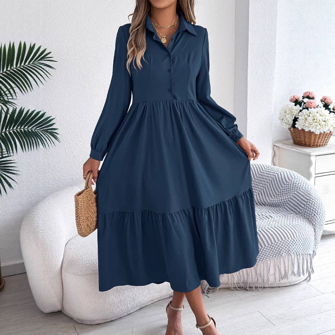 safistyle - Wholesale Dress - Women's - Lapel Long Sleeve Loose Shirt Dress with Ruffles6