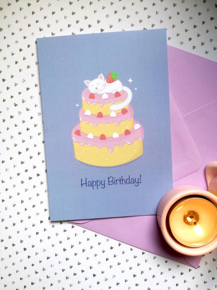 Geburtstagskarte für Katzen, süße Geburtstagskarten, lila Karte, A6 für den Großhandel von KimspirationCrafts